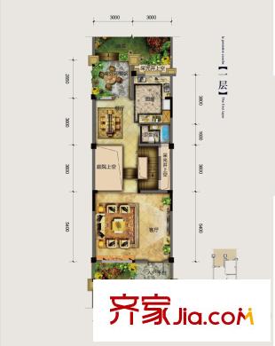 象嶼兩江望府一期臺(tái)地別墅A戶型第一層 3室3廳3衛(wèi)1廚
