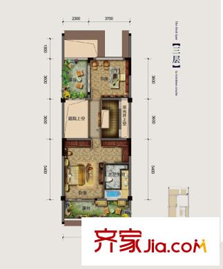 象嶼兩江望府一期臺(tái)地別墅A戶型第三層 3室3廳3衛(wèi)1廚