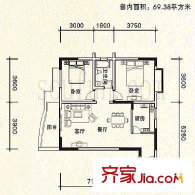 陽光九里戶型圖B2-2戶型 2室2廳1衛(wèi)1廚