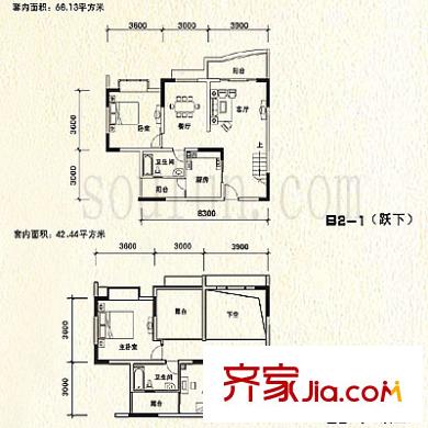 陽光九里戶型圖B2-1戶型 躍層 3室2廳2衛(wèi)1廚