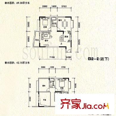 陽光九里戶型圖B2-2戶型 躍層 3室2廳2衛(wèi)1廚