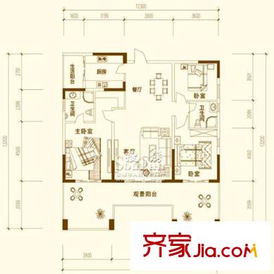 圣湖天域二期戶型圖8、9、10、11號樓(1號房) 3室2廳2衛(wèi)1廚