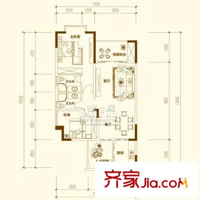 圣湖天域二期戶型圖9號樓(3、4號房) 2室2廳2衛(wèi)1廚