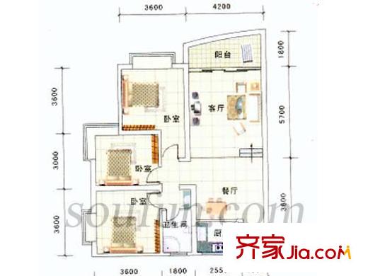 書(shū)香美地戶(hù)型圖錯(cuò)層 3室2廳1衛(wèi)1廚