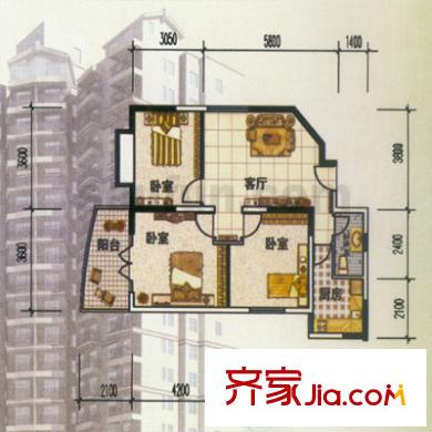 天水伴山居戶型圖3室2廳2衛(wèi)1廚
