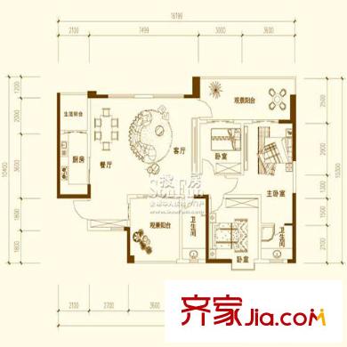 圣湖天域二期戶型圖10、11號樓(2號房) 3室2廳2衛(wèi)1廚