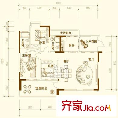 圣湖天域二期戶型圖8、9號樓(2號房)/10、11號樓(5號房) 3室2廳2衛(wèi)1廚