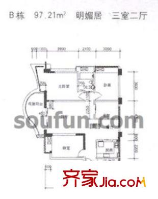 春江名都戶型圖B棟明媚居 3室2廳2衛(wèi)1廚