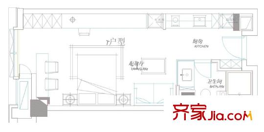 渝中萬科中心戶型圖一期3號樓標(biāo)準(zhǔn)層T戶型 1室1衛(wèi)1廚
