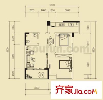 上新山水戶型圖C1 2室2廳1衛(wèi)1廚