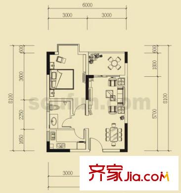 上新山水戶型圖A3 1室2廳1衛(wèi)1廚