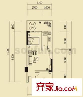 上新山水戶型圖B2單間配套 1室