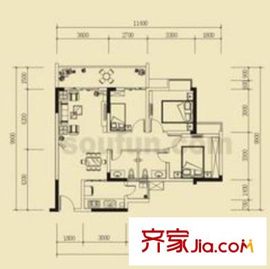上新山水戶型圖A4 3室2廳2衛(wèi)1廚