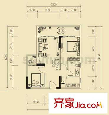 上新山水戶型圖A2 2室2廳1衛(wèi)1廚