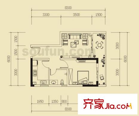 上新山水戶型圖B4 1室2廳1衛(wèi)1廚