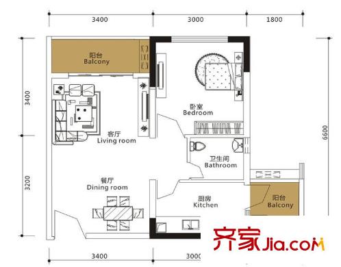 龍城國際戶型圖一期標準層B2-E型 1室2廳1衛(wèi)1廚