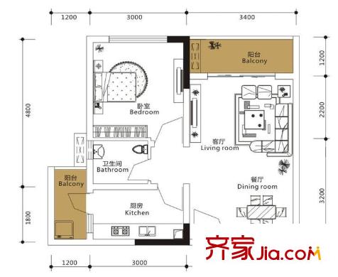 龍城國際戶型圖一期標準層B2-D型 1室2廳1衛(wèi)1廚