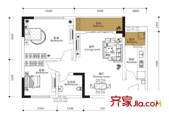龍城國際戶型圖一期標準層B2-A型 2室2廳1衛(wèi)1廚