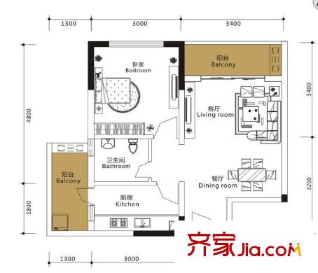 龍城國際戶型圖一期標準層B2-B型 1室2廳1衛(wèi)1廚