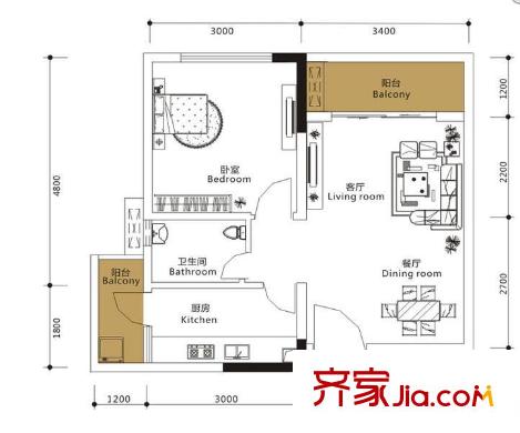 龍城國際戶型圖一期標準層B2-C型 1室2廳1衛(wèi)1廚