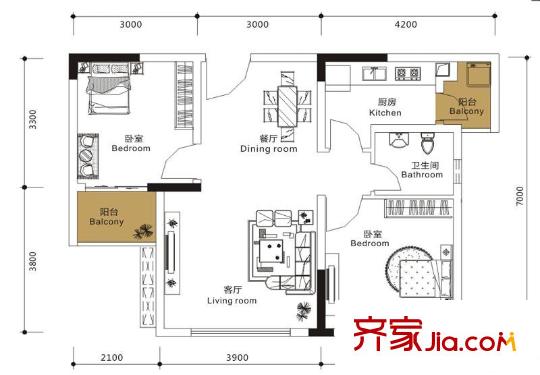 龍城國際戶型圖一期標準層B2-G型 2室2廳1衛(wèi)1廚