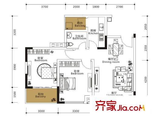 龍城國際戶型圖一期標準層B2-F型 2室2廳1衛(wèi)1廚