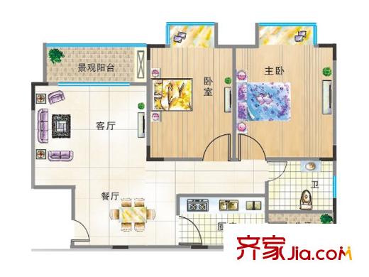 尚美時(shí)代二期B區(qū)2號(hào)樓標(biāo)準(zhǔn)層1、2號(hào)房 2室2廳1衛(wèi)1廚