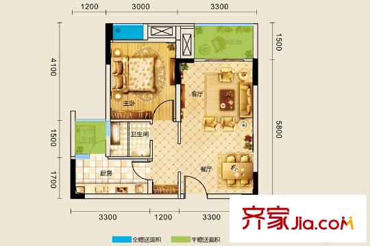 縉云香緹一期3、4號(hào)樓標(biāo)準(zhǔn)層B戶型 1室2廳1衛(wèi)1廚