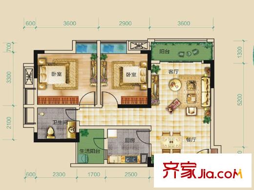 康田漫香林一期1號樓標準層B7戶型 2室2廳1衛(wèi)1廚