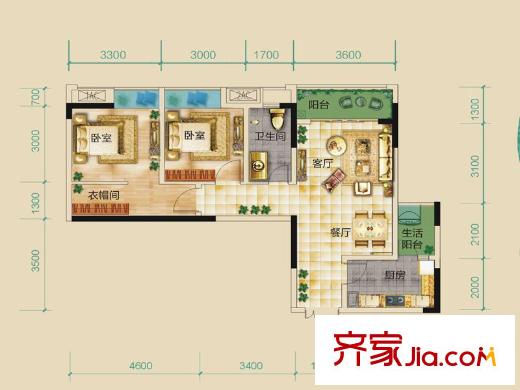 康田漫香林一期1號樓標準層B8戶型 2室2廳1衛(wèi)1廚