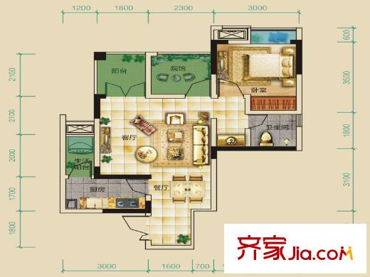 康田漫香林一期1號樓標(biāo)準(zhǔn)層A戶型 1室1廳1衛(wèi)1廚