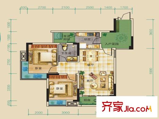 康田漫香林一期1號樓標(biāo)準(zhǔn)層B4戶型 2室2廳1衛(wèi)1廚