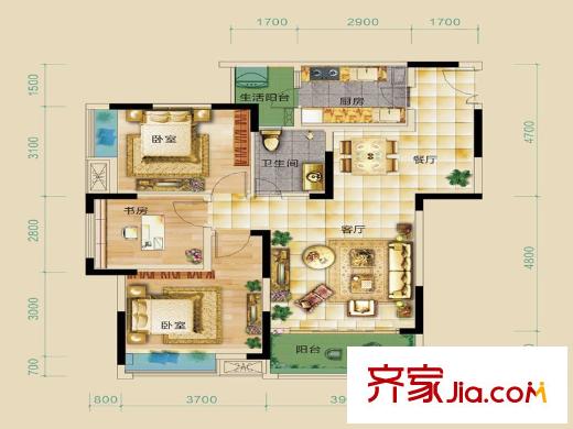康田漫香林一期1號(hào)樓標(biāo)準(zhǔn)層D2戶型 2室2廳2衛(wèi)1廚