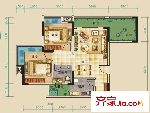 康田漫香林一期1號(hào)樓標(biāo)準(zhǔn)層B3戶型 2室2廳1衛(wèi)1廚