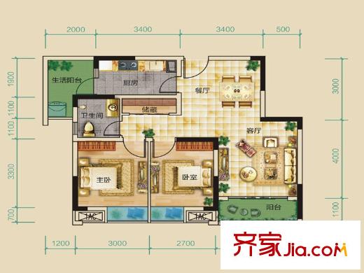 康田漫香林一期1號(hào)樓標(biāo)準(zhǔn)層B5戶型 2室2廳1衛(wèi)1廚