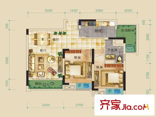 康田漫香林一期1號(hào)樓標(biāo)準(zhǔn)層B1B2戶型 2室2廳2衛(wèi)1廚