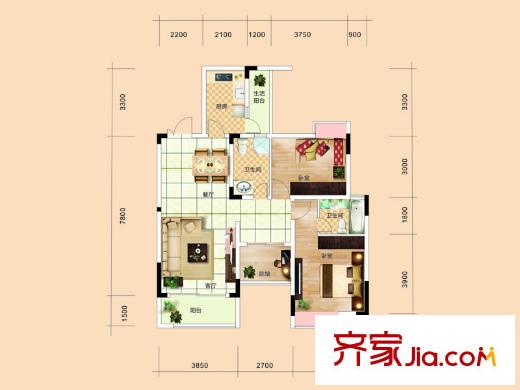 海宇學(xué)府江山二組團(tuán)1-12幢及三組團(tuán)1/2幢標(biāo)準(zhǔn)層D1戶型 2室2廳2衛(wèi)1廚