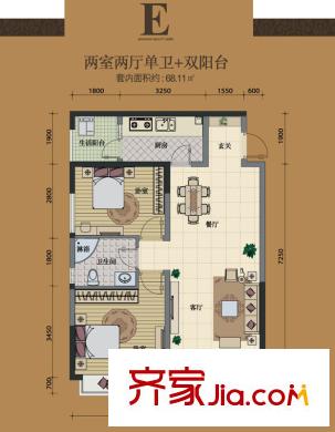 明發(fā)江南香郡戶型圖一期3號(hào)樓標(biāo)準(zhǔn)層E戶型 2室2廳1衛(wèi)1廚
