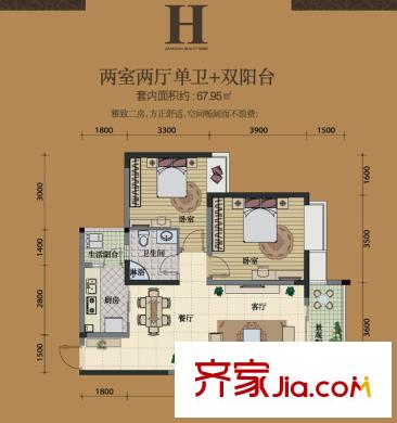 明發(fā)江南香郡戶型圖一期3號(hào)樓標(biāo)準(zhǔn)層H戶型 2室2廳1衛(wèi)1廚