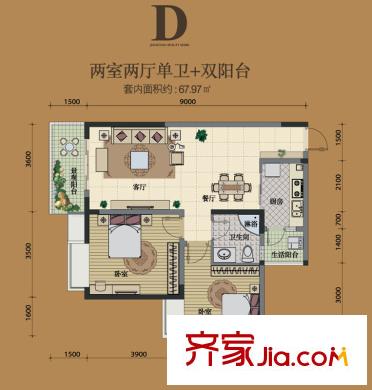 明發(fā)江南香郡戶型圖一期3號(hào)樓標(biāo)準(zhǔn)層D戶型 2室2廳1衛(wèi)1廚