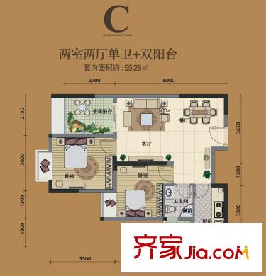 明發(fā)江南香郡戶型圖一期3號樓標準層C戶型 2室2廳1衛(wèi)1廚