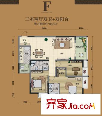 明發(fā)江南香郡戶型圖一期3號樓標準層F戶型 3室2廳2衛(wèi)1廚