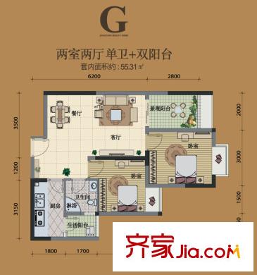 明發(fā)江南香郡戶型圖一期3號樓標準層G戶型 2室2廳1衛(wèi)1廚