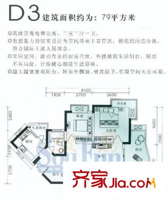 香林華府戶型圖D3 2室2廳1衛(wèi)1廚