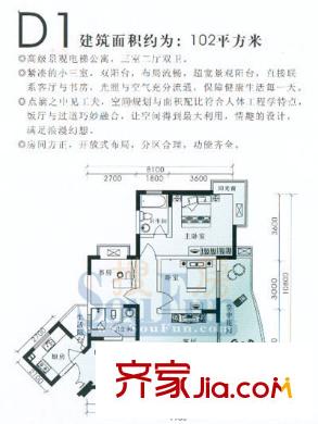 香林華府戶型圖D1 3室2廳2衛(wèi)1廚