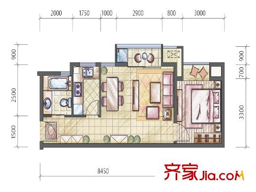 隆鑫花漾匯一期T14/T16標準層N'戶型 1室2廳1衛(wèi)1廚