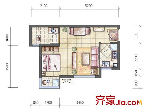 隆鑫花漾匯一期T14/T16標準層F4'戶型 1室1衛(wèi)1廚
