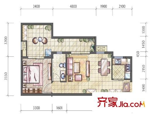隆鑫花漾匯一期T14/T16標(biāo)準(zhǔn)層P戶型 1室2廳1衛(wèi)1廚