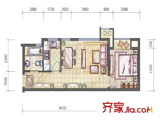 隆鑫花漾匯一期T14/T16標(biāo)準(zhǔn)層N戶型 1室2廳1衛(wèi)1廚