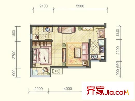 隆鑫花漾匯一期T14/T16標準層31.89平戶型 1室1廳1衛(wèi)1廚